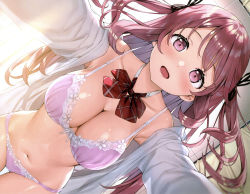Rule 34 | 1girl, :d, absurdres, bow, bow bra, bowtie, bra, breasts, cleavage, highres, huge filesize, kantoku, kurumi (kantoku), large breasts, long hair, looking at viewer, open clothes, open mouth, open shirt, original, outstretched arms, panties, pink bra, pink eyes, pink panties, red hair, scan, school uniform, shirt, smile, solo, third-party edit, twintails, underwear