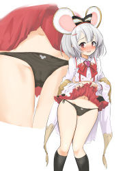 Rule 34 | 1girl, animal ears, black panties, black socks, blush, bow, brooch, cameltoe, center frills, clothes lift, collared shirt, crop top, embarrassed, fake animal ears, frills, gluteal fold, granblue fantasy, hair bow, hair ornament, hairclip, heart, heart brooch, highres, jewelry, kneehighs, lifted by self, long sleeves, looking at viewer, midriff, miniskirt, momio, mouse ears, multiple views, navel, open mouth, panties, red eyes, shirt, short hair, skirt, skirt lift, socks, underwear, vikala (granblue fantasy), white background, white hair, white shirt, wide sleeves