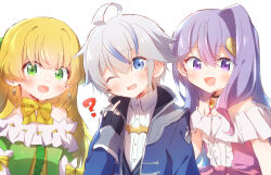Rule 34 | 1boy, 2girls, absurdres, arms at sides, blonde hair, blue eyes, blue jacket, blue vest, blush, bow, bowtie, cain von silford, child, choker, dress, earrings, green dress, green eyes, grey hair, hand up, head tilt, highres, jacket, jewelry, long hair, looking at viewer, multiple girls, nyaa (nnekoron), one eye closed, open mouth, pink dress, pointing, pointing at self, purple eyes, purple hair, shirt, short hair, silk von santana, simple background, strapless, strapless dress, telestia terra esfort, tensei kizoku no isekai boukenroku, two-tone dress, upper body, vest, white background, white dress, white shirt, yellow bow, yellow bowtie