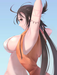 Rule 34 | 1girl, absurdres, arm behind head, arm up, armpits, bare shoulders, bead necklace, beads, bikini, bikini top only, breasts, brown eyes, brown hair, contemporary, cutoffs, denim, denim shorts, facial mark, fate/grand order, fate (series), forehead, forehead mark, heroic spirit tour outfit, highres, himiko (fate), himiko (tour outfit) (fate), hood, hooded vest, hoodie, jewelry, kamehito, large breasts, long hair, looking at viewer, necklace, orange vest, shorts, sideboob, smile, solo, swimsuit, thighs, topknot, twintails, vest, white bikini