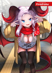 Rule 34 | black thighhighs, blue eyes, bra visible through clothes, breasts, cleavage, coat, dragon girl, highres, horns, kashu (hizake), large breasts, leaning forward, looking at viewer, open mouth, original, pink hair, pointy ears, scarf, see-through, see-through shirt, shirt, skindentation, tail, thighhighs, white shirt, wings
