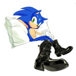 Rule 34 | 1boy, absurdres, black footwear, boots, crossed legs, gloves, green eyes, hedgehog, highres, looking at viewer, male focus, parted lips, pillow, quill, sonic (series), sonic the hedgehog, tokiwa757, white background, white gloves