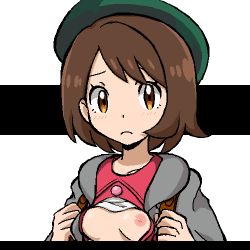 Rule 34 | 1girl, backpack, bag, beret, blush, breasts, brown eyes, brown hair, buttons, cardigan, closed mouth, clothes lift, collarbone, collared dress, creatures (company), dress, female focus, game freak, gloria (pokemon), gomatarou (pixiv196136), green hat, grey cardigan, hands up, hat, jaggy lines, light blush, looking at viewer, lowres, matching hair/eyes, nintendo, nipples, no bra, one breast out, open cardigan, open clothes, open dress, pink dress, pokemon, pokemon swsh, raised eyebrows, shirt, shirt lift, short hair, sidelocks, small breasts, solo, split depth, swept bangs, textless version, upper body, white background, white shirt