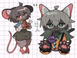 Rule 34 | 2girls, animal ears, animal hands, buttons, cat ears, cat girl, cheese, collared sweater, diamond button, eating, food, frilled sleeves, frills, full body, furrification, furry, furry female, green eyes, grey hair, highres, komeiji koishi, long sleeves, looking at viewer, mouse ears, mouse girl, mouse tail, multiple girls, nazrin, red eyes, sound effects, sweater, tail, third eye, touhou, upper body, whiskers, white background, yellow sweater, zunusama