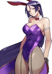 Rule 34 | 1girl, absurdres, animal ears, bare shoulders, breasts, cleavage, detached collar, fake animal ears, fate/grand order, fate (series), fishnet pantyhose, fishnets, highres, large breasts, leotard, long hair, looking at viewer, minamoto no raikou (fate), pantyhose, parted bangs, playboy bunny, purple eyes, purple hair, rabbit ears, rabbit tail, simple background, solo, strapless, strapless leotard, tail, very long hair, white background, yoshio (55level)