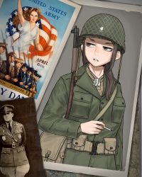 Rule 34 | 1boy, 1girl, absurdres, bracelet, breast pocket, brown hair, cigarette, dog tags, gun, gun on back, hearts of iron, helmet, highres, holding, holding cigarette, jewelry, kaiserreich, long sleeves, looking away, looking to the side, medium hair, military, original, parted lips, photo (object), pocket, ponytail, pzkpfwi, sidelocks, teeth, united states, united states army, weapon, weapon on back