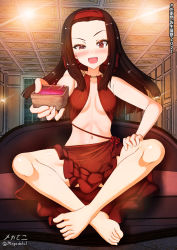 Rule 34 | 1girl, alcohol, barefoot, blush, breasts, brown eyes, brown hair, cleavage, collarbone, couch, feet, girls und panzer, hairband, highres, indoors, long hair, looking at viewer, megadeko, navel, night, night sky, no bra, on couch, open mouth, saemonza (girls und panzer), sake, shiny skin, sitting, sky, small breasts, smile, solo, star (sky), starry sky, toes, window