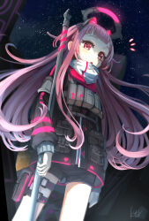 Rule 34 | 1girl, alternate hair length, alternate hairstyle, blush, from below, glowing, halo, high collar, highres, holding, holding staff, holster, jacket, ktori, long hair, long sleeves, looking at viewer, mechanical ears, night, night sky, ootori emu, open mouth, pink eyes, pink hair, project sekai, short shorts, shorts, sky, solo, staff, star (sky), starry sky, tactical clothes, thigh holster, two side up, very long hair