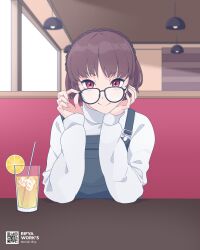 Rule 34 | 1girl, absurdres, adjusting eyewear, booth seating, brown hair, cup, dating, drink, eyewear on head, glass, glasses, highres, niijima makoto, overalls, persona, persona 5, pov, red eyes, restaurant, rifyaa, solo, sweater, white sweater