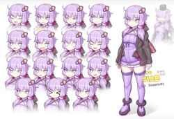 &gt;_&lt; 1girl artist_name black_jacket breasts clenched_teeth closed_eyes commentary_request commission commissioner_name domaguri dress frown gloom_(expression) hood hooded_jacket jacket korean_commentary o_o open_mouth purple_dress purple_eyes purple_hair purple_thighhighs short_dress short_hair_with_long_locks small_breasts smile teeth thighhighs thighs v-shaped_eyebrows voiceroid yuzuki_yukari zettai_ryouiki