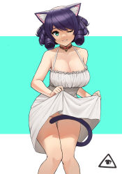 Rule 34 | 1girl, ;), animal ears, bell, breasts, cat ears, cat tail, cleavage, clothes lift, collar, contrapposto, cyan (show by rock!!), donburi (donburikazoku), dress, dress lift, flashing, green eyes, highres, jingle bell, knees together feet apart, large breasts, lifted by self, looking at viewer, naughty face, neck bell, no panties, one eye closed, prehensile tail, purple hair, red collar, ringlets, short hair, show by rock!!, smile, solo, spaghetti strap, standing, sundress, tail, tail censor, thigh gap, white dress