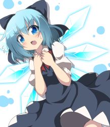Rule 34 | 1girl, blonde hair, blue dress, blue hair, bow, cirno, do (4-rt), dress, dutch angle, fang, flying sweatdrops, hair bow, hands on own chest, highres, ice, ice wings, looking at viewer, open mouth, puffy short sleeves, puffy sleeves, shirt, short sleeves, solo, touhou, wings