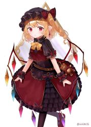 Rule 34 | 1girl, :|, alternate costume, belt, black dress, black thighhighs, blonde hair, blush, bow, breasts, brown belt, closed mouth, commentary request, crystal, curly hair, dress, dress bow, earrings, flandre scarlet, foot out of frame, frilled bow, frills, hat, hat ribbon, jewelry, looking at viewer, mob cap, nail polish, pointy ears, puffy short sleeves, puffy sleeves, red eyes, red nails, red ribbon, ribbon, sakizaki saki-p, short sleeves, side ponytail, simple background, skirt, small breasts, solo, standing, stuffed animal, stuffed toy, teddy bear, thighhighs, touhou, twitter username, white background, wings, wrist cuffs