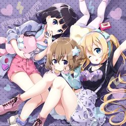 Rule 34 | 3girls, ;d, absurdres, bed sheet, black shirt, blend s, blonde hair, blue bow, blue eyes, blue hairband, blue nails, blush, boots, bow, breasts, brown hair, cassette tape, closed mouth, clothes writing, commentary request, cross-laced footwear, dated, fingernails, girl sandwich, hair between eyes, hairband, highres, hinata kaho, hoshikawa mafuyu, jacket, lace-up boots, large breasts, long hair, long sleeves, low twintails, lying, multicolored nails, multiple girls, nail polish, neki (wakiko), hugging object, on back, on side, on stomach, one eye closed, open clothes, open jacket, open mouth, parted lips, pink bow, pink footwear, pink nails, pink shorts, polka dot, purple eyes, purple hair, purple jacket, purple nails, purple skirt, sakuranomiya maika, sandwiched, shirt, shoes, short shorts, short sleeves, shorts, skirt, sleeves past wrists, smile, stuffed animal, stuffed rabbit, stuffed toy, suspender skirt, suspenders, twintails, twitter username, very long hair, white footwear, white shirt, yellow shirt