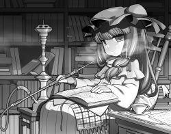 Rule 34 | 1girl, book, bookshelf, bow, capelet, cup, dress, female focus, fingerless gloves, gloves, greyscale, hat, highres, hookah, library, long hair, magic circle, monochrome, open book, open mouth, patchouli knowledge, pillow, reading, sitting, smoke, solo, teacup, touhou, ume (noraneko), voile