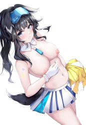Rule 34 | 1921494015, 1girl, absurdres, bare arms, bare shoulders, black hair, blue archive, blue eyes, blush, breasts, cheerleader, cleavage, gloves, hibiki (blue archive), hibiki (cheer squad) (blue archive), highres, holding, holding pom poms, large breasts, looking at viewer, medium hair, millennium cheerleader outfit (blue archive), navel, nipples, pleated skirt, pom pom (cheerleading), pom poms, simple background, skirt, solo, thighs, two-tone skirt, white background, white gloves
