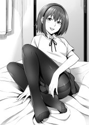 Rule 34 | 1girl, :d, absurdres, bad id, bad pixiv id, bed, bed sheet, between legs, black pantyhose, blush, collared shirt, commentary request, crotch seam, curtains, feet, foreshortening, full body, greyscale, hairband, hand between legs, highres, indoors, kyuuso inukami, leaning back, miniskirt, monochrome, no shoes, on bed, open mouth, original, panties, panties under pantyhose, pantyhose, pantyshot, ribbon, round teeth, school uniform, see-through, shirt, short sleeves, sitting, skirt, smile, solo, sweater vest, teeth, toes, tsurime, underwear, upskirt, wing collar