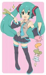 Rule 34 | 1girl, a.l.l., bad id, bad pixiv id, boots, detached sleeves, female focus, full body, green eyes, green hair, hatsune miku, headphones, long hair, matching hair/eyes, necktie, open mouth, skirt, solo, spring onion, standing, striped, striped background, thigh boots, thighhighs, tsubuan, twintails, very long hair, vocaloid