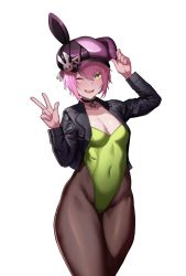 Rule 34 | 1girl, absurdres, black jacket, black pantyhose, borrowed character, cero (last2stage), covered navel, cowboy shot, green eyes, green leotard, hat, highleg, highleg leotard, highres, jacket, leotard, looking at viewer, nontraditional playboy bunny, one eye closed, original, pantyhose, pink hair, short hair, simple background, solo, standing, strapless, strapless leotard, white background