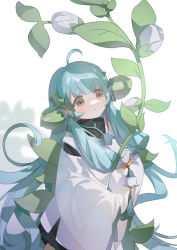 Rule 34 | 1girl, absurdres, ahoge, black skirt, blunt bangs, blush, bud, commentary, cowboy shot, dated commentary, flower, green hair, hair flower, hair ornament, hakushi (masterwork apocalypse), hellco, highres, holding, holding plant, japanese clothes, kimono, leaf, long hair, looking at object, masterwork apocalypse, orange eyes, parted lips, plant, pleated skirt, sidelocks, signature, skirt, sleeves past fingers, sleeves past wrists, solo, tassel, turtleneck, very long hair, white flower, white kimono, wide sleeves