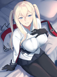 Rule 34 | 1girl, arm support, black gloves, blonde hair, blue eyes, blush, breasts, capelet, gloves, graf zeppelin (kancolle), grey skirt, hand on own chest, highres, jacket, kantai collection, large breasts, long hair, long sleeves, looking at viewer, necktie, on bed, pantyhose, parted lips, red neckwear, shingyou (alexander-13), sidelocks, skirt, solo, undone necktie, unworn headwear, unworn necktie, unworn neckwear, white jacket