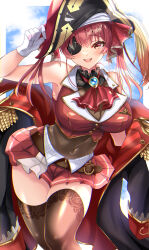 Rule 34 | 1girl, absurdres, akatsuki (aktk511), arrow through heart, ascot, black choker, black coat, black thighhighs, breasts, choker, coat, eyepatch, frilled choker, frills, gloves, hair ribbon, hat, highres, hololive, houshou marine, houshou marine (1st costume), jacket, large breasts, leotard, leotard under clothes, long hair, looking at viewer, miniskirt, pirate hat, red ascot, red coat, red eyes, red hair, red jacket, red ribbon, red skirt, ribbon, skirt, sleeveless, sleeveless jacket, smile, solo, thighhighs, twintails, two-sided coat, two-sided fabric, virtual youtuber, yellow eyes, zettai ryouiki