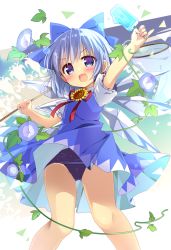 Rule 34 | 1girl, bare legs, blue bow, blue dress, blue eyes, blue hair, blush, bow, cirno, dress, flower, food, hair bow, hidden star in four seasons, ice, ice wings, looking at viewer, nagayama yuunon, open mouth, popsicle, school swimsuit, short dress, short hair, short sleeves, smile, solo, standing, sunflower, swimsuit, swimsuit under clothes, tan, tanned cirno, touhou, veins, wings