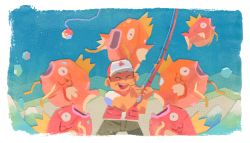 Rule 34 | 1boy, :d, animal print, baseball cap, blue sky, closed eyes, creature, creatures (company), day, fish, fish print, fisher (pokemon), fishing rod, game freak, gen 1 pokemon, grey pants, happy, hat, holding, holding fishing rod, legs apart, louie zong, magikarp, male focus, nintendo, ocean, open mouth, pants, poke ball, poke ball (basic), pokemon, pokemon (creature), pokemon oras, short sleeves, sky, smile, standing, water, waves