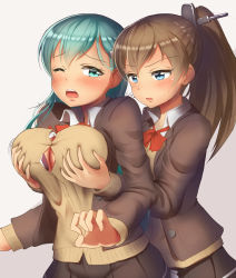 Rule 34 | 10s, 2girls, blazer, blush, bow, bowtie, breast envy, grabbing another&#039;s breast, breast lift, breasts squeezed together, breasts, brown hair, brown skirt, buttons, cleavage, commentary request, grabbing, green eyes, green hair, groping, hair ornament, hairclip, high ponytail, jacket, kantai collection, kumano (kancolle), large breasts, long hair, maku ro, multiple girls, one eye closed, open clothes, open mouth, pleated skirt, ponytail, red bow, school uniform, simple background, skirt, suzuya (kancolle), yuri