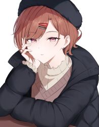 Rule 34 | 1girl, absurdres, black coat, brown hair, brown sweater, coat, commentary, earrings, hair ornament, hairclip, hat, head rest, highres, higuchi madoka, idolmaster, idolmaster shiny colors, jewelry, long sleeves, looking at viewer, mole, mole under eye, multicolored eyes, parted lips, riogu7t, simple background, solo, sweater, white background