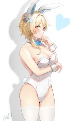 Rule 34 | 1girl, animal ears, blonde hair, blue bow, blue bowtie, bow, bowtie, breasts, detached collar, fake animal ears, fake tail, flower, genshin impact, hair between eyes, hair flower, hair ornament, heart, highres, large breasts, leotard, lumine (genshin impact), mirin pengin, playboy bunny, rabbit ears, rabbit tail, simple background, strapless, strapless leotard, tail, thighhighs, white background, white leotard, white thighhighs, wrist cuffs, yellow eyes