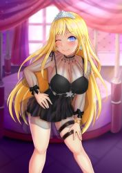 Rule 34 | 1girl, absurdres, alternate hairstyle, bed, black dress, blonde hair, blue eyes, blush, breasts, chira573, cleavage, dress, earrings, hand on own hip, highres, hololive, hololive english, indoors, jewelry, large breasts, long hair, looking at viewer, mole, mole on breast, one eye closed, see-through, see-through sleeves, smile, thigh strap, tiara, virtual youtuber, watch, watson amelia, watson amelia (party dress)