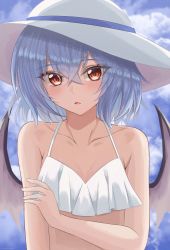 Rule 34 | 1girl, bikini, blush, breasts, cloud, crossed bangs, eyes visible through hair, hair between eyes, hand on own arm, hat, highres, looking at viewer, open mouth, purple hair, red eyes, remilia scarlet, short hair, sky, small breasts, solo, souyoru, swimsuit, touhou, underwear, white bikini, white hat, wings
