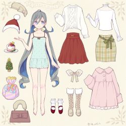 Rule 34 | 1girl, ahoge, bag, barefoot, beige footwear, blouse, boots, cake, camisole, christmas tree, clothes, colis, commentary, cross-laced footwear, dress, food, french text, frilled socks, frills, full body, grey eyes, grey hair, hair between eyes, hair ribbon, hat, kantai collection, kiyoshimo (kancolle), lace-up boots, long hair, looking at viewer, low twintails, paper doll, pencil skirt, pink dress, plaid, plaid skirt, red footwear, ribbon, santa hat, shirt, skirt, socks, solo, standing, sweater, twintails, twitter username, very long hair, white hat, white shirt, white socks, white sweater