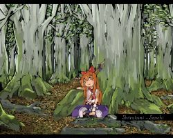 Rule 34 | 1girl, cusui, female focus, forest, horns, ibuki suika, indian style, letterboxed, long hair, nature, orange hair, sitting, solo, touhou, tree