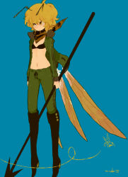 Rule 34 | antennae, bad id, bad pixiv id, blonde hair, boots, l hakase, midriff, polearm, solo, weapon, wings