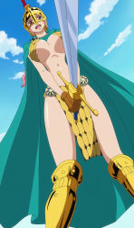Rule 34 | 1girl, armor, bikini armor, breasts, brown eyes, cape, cloud, dressrosa, female focus, from below, gladiator, gloves, gradient background, helmet, highres, navel, one piece, open mouth, pink hair, rebecca (one piece), screencap, solo, standing, stitched, sword, third-party edit, weapon