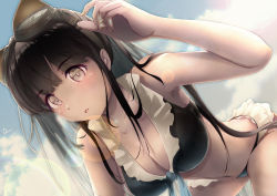 Rule 34 | 1girl, absurdres, all fours, artist name, bare arms, bare shoulders, bikini, black bikini, blunt bangs, blush, breasts, bright pupils, brown hair, cleavage, cloud, cloudy sky, cowboy shot, day, dermar, expressionless, frilled bikini, frills, from below, front-tie bikini top, front-tie top, goggles, goggles on head, granblue fantasy, grey eyes, hand up, highres, jessica (granblue fantasy), large breasts, long hair, medium breasts, midriff, multicolored bikini, multicolored clothes, navel, open mouth, sidelocks, sky, solo, sunlight, swimsuit, white frills, white pupils
