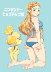 Rule 34 | 2girls, animal crossing, animal ears, ass, barefoot, bikini, blonde hair, bottomless, braid, butt crack, company connection, crossover, crown braid, dog ears, dog girl, dog tail, green eyes, highres, isabelle (animal crossing), long hair, looking at viewer, looking back, multiple girls, muuten, nintendo, no panties, pointy ears, princess zelda, swimsuit, tail, the legend of zelda, the legend of zelda: breath of the wild, toes, topknot