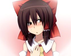 Rule 34 | 1girl, ascot, blush, bow, brown eyes, brown hair, detached sleeves, female focus, frown, hair bow, hair ornament, hakurei reimu, hand on own chest, japanese clothes, leon (mikiri hassha), looking back, miko, nervous, solo, sweatdrop, touhou, upper body