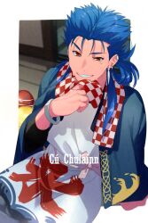 Rule 34 | 1boy, alternate costume, apron, blue hair, character name, commentary request, cu chulainn (fate), cu chulainn (fate/stay night), ear piercing, earrings, echo (circa), fate/grand order, fate/stay night, fate (series), grin, japanese clothes, jewelry, long hair, looking at viewer, male focus, piercing, red eyes, sitting, smile, solo, twitter username, waist apron