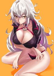 Rule 34 | 1girl, ahoge, bikini, black bikini, black jacket, breasts, choker, cleavage, collarbone, commentary request, fate/grand order, fate (series), highres, hotate-chan, jacket, jeanne d&#039;arc alter (swimsuit berserker) (fate), jeanne d&#039;arc (fate), jeanne d&#039;arc alter (fate), jeanne d&#039;arc alter (swimsuit berserker) (fate), large breasts, long hair, o-ring, orange background, shrug (clothing), solo, swimsuit, yellow eyes