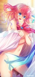 Rule 34 | 1girl, absurdres, amatsuji, areola slip, blue eyes, blue hair, blush, bow, breasts, covering privates, covering breasts, cowboy shot, crying, crying with eyes open, embarrassed, gradient hair, highres, large breasts, looking at viewer, multicolored hair, navel, no game no life, open mouth, orange hair, pink hair, red bow, solo, stephanie dora, stomach, tears