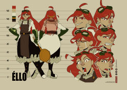 Rule 34 | 1girl, ahoge, artist name, belt, black belt, budkalon, character name, character sheet, color guide, commentary, crying, dress, english commentary, facebook logo, frilled dress, frills, frying pan, full body, gloves, goggles, goggles on head, green gloves, hand on own hip, highres, holding, holding frying pan, instagram logo, looking at viewer, making-of available, multiple views, open mouth, original, red eyes, red hair, smirk, standing, standing on one leg, twitter logo, twitter username, v-shaped eyebrows, white dress