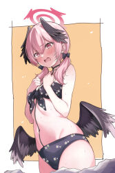 Rule 34 | 1girl, angel wings, bare arms, bare shoulders, bikini, black bikini, black bow, black wings, blue archive, blush, bow, breasts, cowboy shot, double-parted bangs, feathered wings, floral print, front-tie bikini top, front-tie top, hair bow, halo, head wings, kinoshita kou, koharu (blue archive), koharu (swimsuit) (blue archive), long hair, looking at viewer, low twintails, low wings, navel, official alternate costume, open mouth, pink eyes, pink hair, pink halo, print bikini, red halo, simple background, small breasts, solo, stomach, swimsuit, twintails, wings