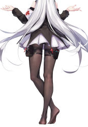 Rule 34 | 1girl, am1m, arknights, armband, bare shoulders, black dress, black pantyhose, cross, dress, from behind, hands up, head out of frame, highres, long hair, long sleeves, no shoes, pantyhose, pouch, short dress, simple background, solo, standing, thigh pouch, very long hair, warfarin (arknights), white background, white hair