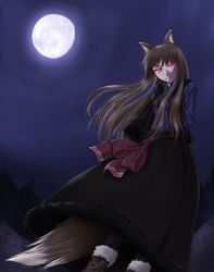 Rule 34 | 00s, 1girl, animal ears, brown hair, glowing, glowing eyes, holo, long hair, moon, night, red eyes, solo, spice and wolf, sukua, tail, tk28, wolf ears, wolf tail