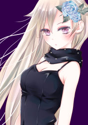 Rule 34 | 10s, 1girl, alternate costume, alternate eye color, alternate hairstyle, blonde hair, commentary request, dress, evening gown, flower, hair flower, hair ornament, ishida mia, kantai collection, long hair, looking at viewer, purple eyes, simple background, solo, upper body, yuudachi (kancolle), yuudachi kai ni (kancolle)