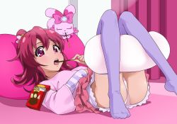 Rule 34 | 1girl, aida mana, blouse, bow, dokidoki! precure, feet, food, looking at viewer, lying, no shoes, on back, open mouth, panties, pillow, pink bow, pink eyes, pink hair, pink shirt, pocky, precure, purple thighhighs, sakecho, sharuru (dokidoki! precure), shirt, short hair, thighhighs, underwear