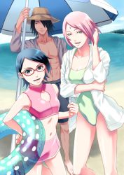 Rule 34 | 1boy, 2girls, :d, beach, black hair, blue sky, breasts, cardigan, casual one-piece swimsuit, cleavage cutout, clothing cutout, day, family, father and daughter, green eyes, grey sweater, hair over one eye, hand in own hair, haruno sakura, hat, innertube, looking at viewer, medium breasts, mother and daughter, multiple girls, naruto, naruto (series), navel, ocean, one-piece swimsuit, open cardigan, open clothes, open mouth, outdoors, pink hair, red-framed eyewear, shigatsu hajime, short hair, sky, smile, sweater, swim ring, swimsuit, uchiha sarada, uchiha sasuke, white sweater, yellow hat